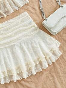 Soleia 2pcs Set: Women's Textured Drawstring Bust & Ruffle Hem Cami Top And Layered Ruffle Mini Skirt, Fitted Slim Silhouette, Vacation, Party, Date, Afternoon Tea, Back To School, Graduation, Beach Outfit Boho - Beige - View 3