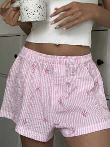 Aloruh Eleganti shorts mini rosa a righe con stampa in stile fiocco, vita bassa e versatili