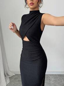 Rafferiza Petite Women's Solid Color Stand Collar Cut-Out Waist Side Slit Fitted Dress - Black - View 3
