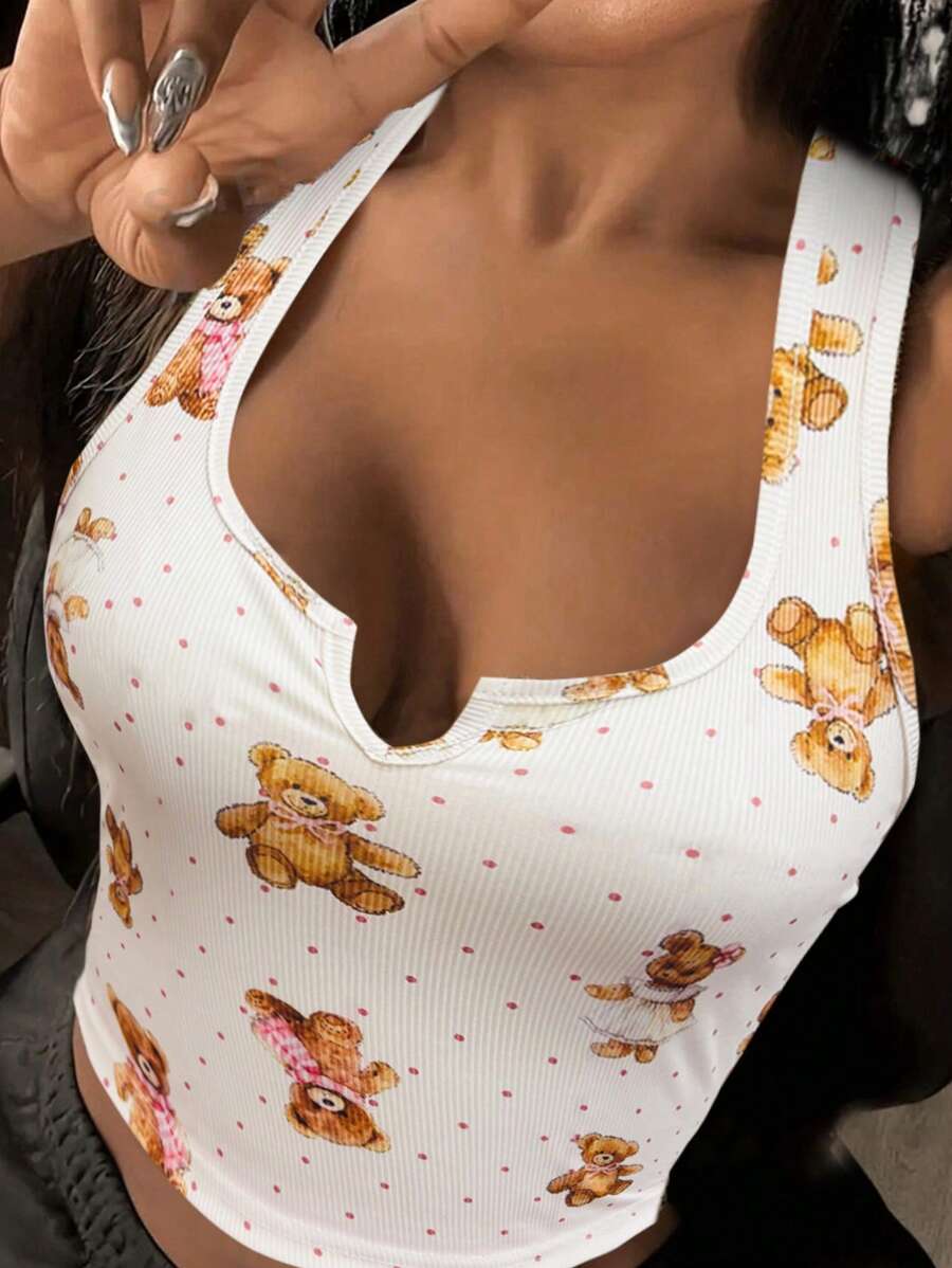 INAWLY Áo ba lỗ thời trang hở vai cổ chữ V họa tiết lá cây ngụy trang cho nữ Áo thun họa tiết cho nữ - Màu be - Xem 1