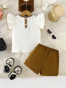 2 Pieces Baby Girl Casual Cute Ruffle Bow Textured Fabric Top And Pants Set - Apricot - View 2