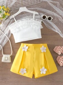 2pcs Casual Cute Girl Set With Multi-Layer Ruffle Lace And 3D Flower Shorts, Ins Style - Multicolor - View 3