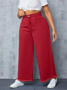 SHEIN SXY 大码女式口袋阔腿宽松休闲百搭牛仔裤 - 紅色 - 查看 6