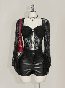 SHEIN ICON 大尺碼蕾絲喇叭袖前綁帶方領上衣 - 黑色 - 查看 3