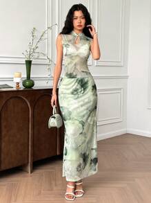 EastFlair Conjunto de 2 piezas de top transparente de mujer con estampado floral elegante y falda, para verano