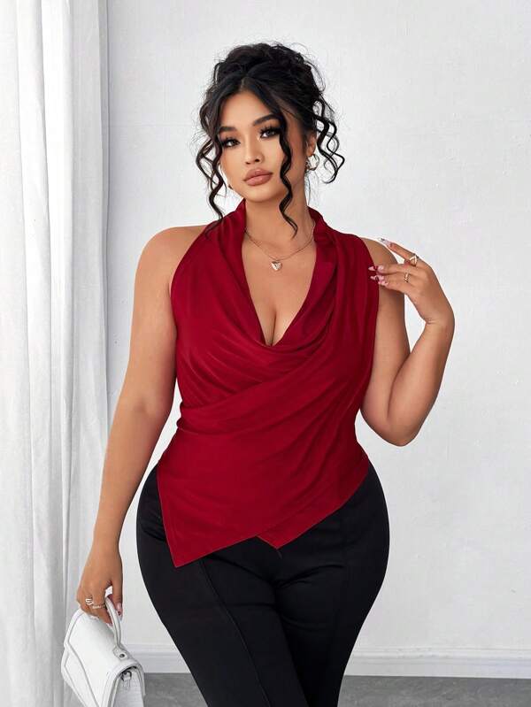 Elenzga Camiseta interior ajustada de tela brillante con cuello cruzado y sin mangas para mujer de talla grande