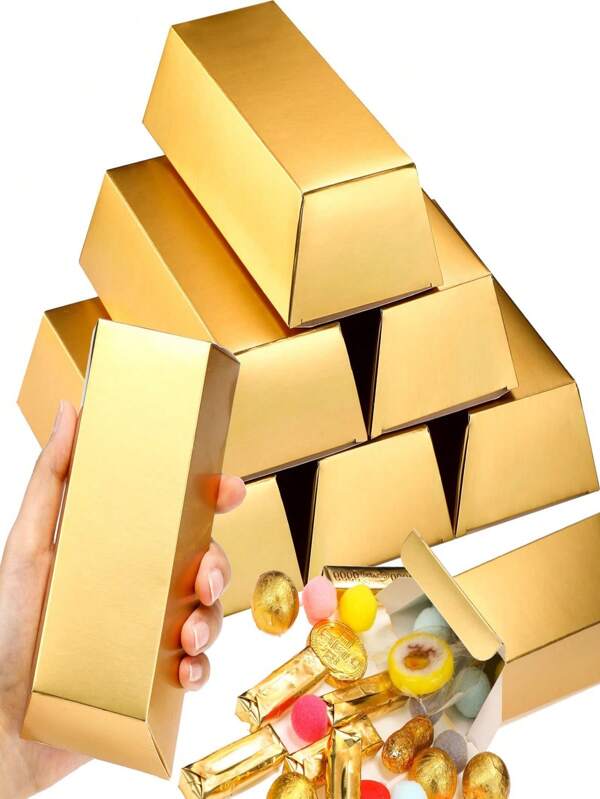 SHEIN 12 Pcs Gold Bar Fake Gift Box Foil Gold Bar Party Favor Boxes Paper Golden Favor Boxes Brick For Pirate Casino Theme Party Decorations Candy Treats Chocolate Toys