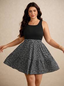 Elaquor Plus Size Boho Summer Square Neck Patchwork Ditsy Floral Sleeveless Dress,Beach Dress Sundress,Holiday Outfits