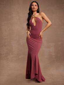 Hauture Vestido con escote halter, adorno de volantes y borde con corte de metal dorado, estilo sirena - Rosa Roja - Ver 1