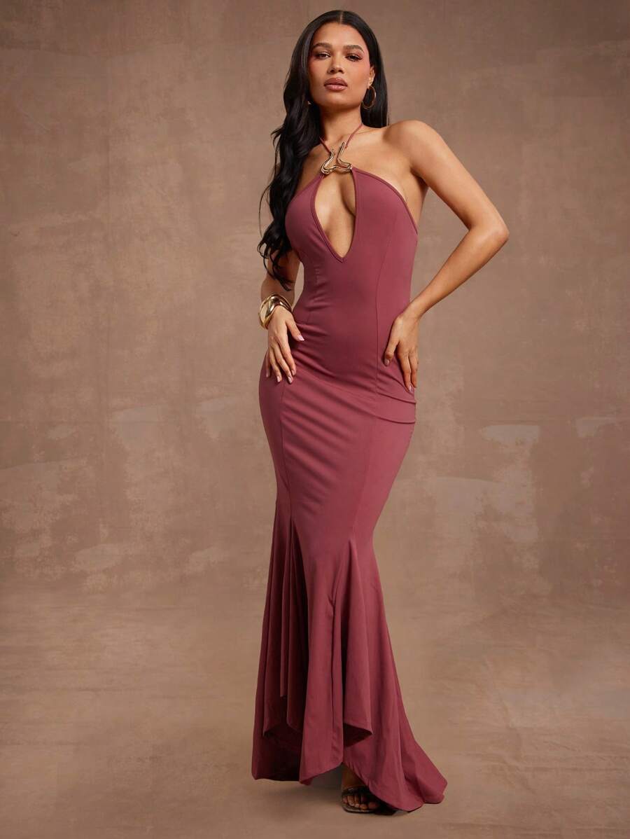 Hauture Vestido con escote halter, adorno de volantes y borde con corte de metal dorado, estilo sirena - Rosa Roja - Ver 1