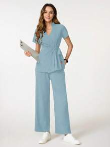 TaskEZ Solid Color V-Neck Scrub Top And Pants Scrub Uniform Set Women Tops Summer Scrub Sets For Women Nurse Scrub Sets Women Scrubs Scrub Sets Professional Clothes Women Sets - Blue - View 6