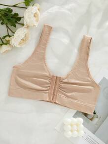 Women Solid Color Simple Seamless Front Clasp Wirelsess Wide Shoulder Strap Bra With Small Lace Trim Comfortable Daily Bra. - Apricot - View 7