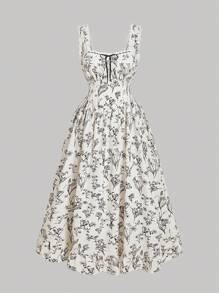 SHEIN MOD Plus Size Women's Romantic Black And White Floral Print Long Dress, Birthday Dress For Women, Casual Summer Dress, Flowing Women's Dress, Festive Style, Beach Dress Sundress, Bohemian Resort Wear,Milkmaid Dress - Multicolor - View 1