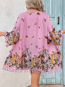 SHEIN VCAY Women's Floral Print Tassel Sleeve Kimono Robe Swimsuit Cover Up