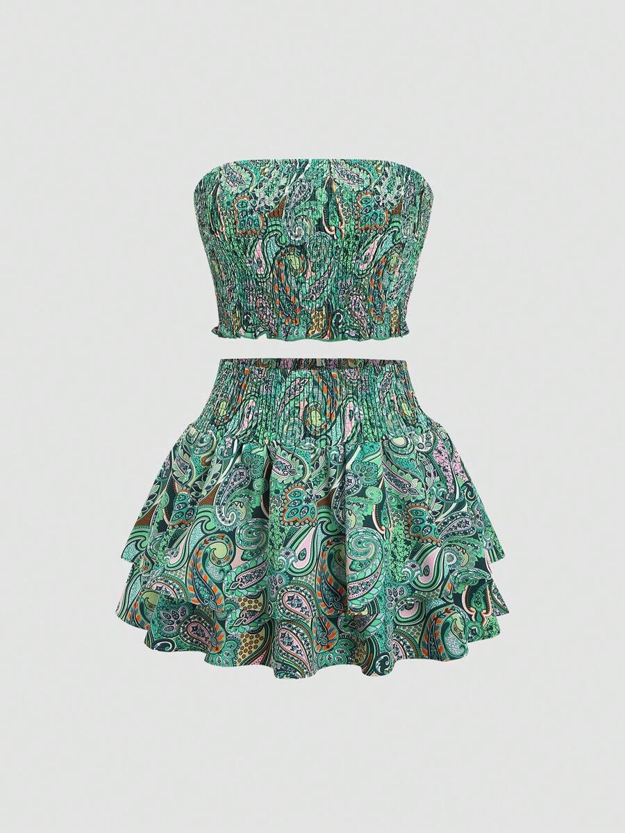 Sweetra Leopard Print Embroidered Tube Top And Layered Skirt Woven Two Pieces Set Y2K Outfit - Green - View 1