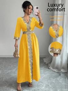 Elenzga V 领优雅时尚拼布女式连衣裙