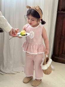 SHEIN Vintaside Kids 2pcs/Set Baby Girls Casual Country Style Sweet Sleeveless Lace Trim Blouse & Wide Leg Pants 2 Pieces Set, Spring/Summer - Pink - View 6