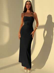 Aloruh 优雅纯色性感露背无袖鸡尾酒会沙滩裙 - 黑色 - 查看 2