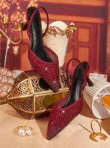 CUCCOO TILAWA Fashionable Wine Red Mesh Rhinestone Pointed Toe High Heels, Suitable For Commute, Dates, Parties, Weddings And Vacations For Christmas - Red - View 3