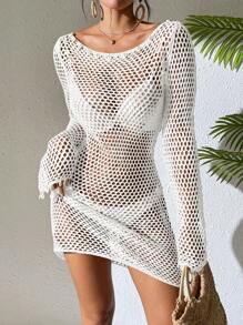 Swim Vcay Women Spring Break Hollow Out Sheer Shell Decor Flare Sleeve Boat Neck Knit Beach Cover Up Dress, Suitable For Spring & Summer Holiday