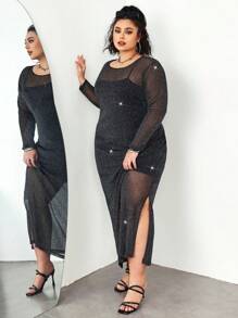 SHEIN CURVE+ Vestido de Body ceñido de talla grande con tirantes finos y malla negra de largo medio para mujeres