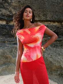 Opulessa Knitted Print Oblique Shoulder Fitted Cropped Women Shirt - Red - View 5