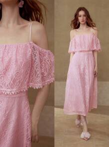 MOTF PREMIUM LACE RUFFLE ZIPPER DRESS - Pink - View 1