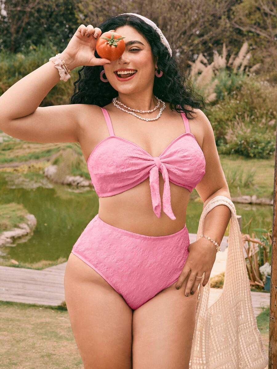 Swim Mod 1 Set Plus Size Women's Sweet Pink Tie-Front Bikini Swimwear - Pink - View 1