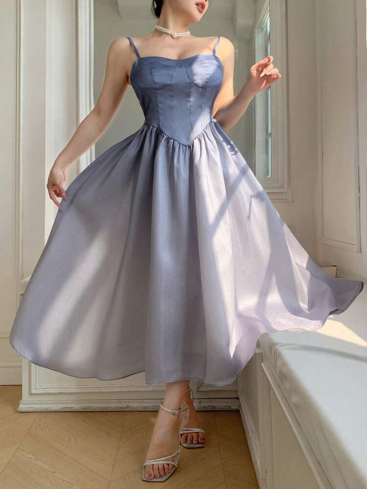 Ombre Color Sleeveless Pleated Midi Dress For Women
