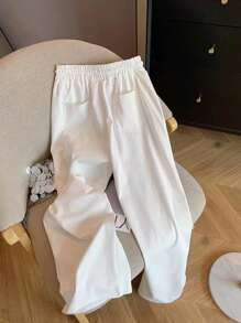 SHEIN 全新休闲小马刺绣宽松纯色直筒女裤 - 白色 - 查看 2