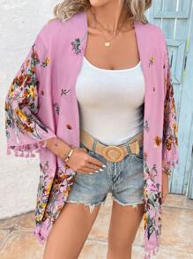 SHEIN VCAY Women's Floral Print Tassel Sleeve Kimono Robe Swimsuit Cover Up