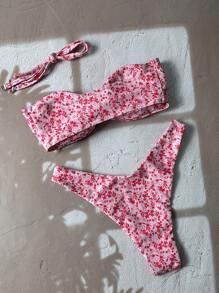 Swim Mod Springbreak Women's Summer Random Print Bandeau Twist High Cut Beach Vacation Bikini Set - Multicolor - View 2