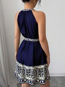 Elenzga Vestido de mujer para el verano con estampado de patchwork, cintura ceñida y cuello de halter - Azul Marino - Ver 2