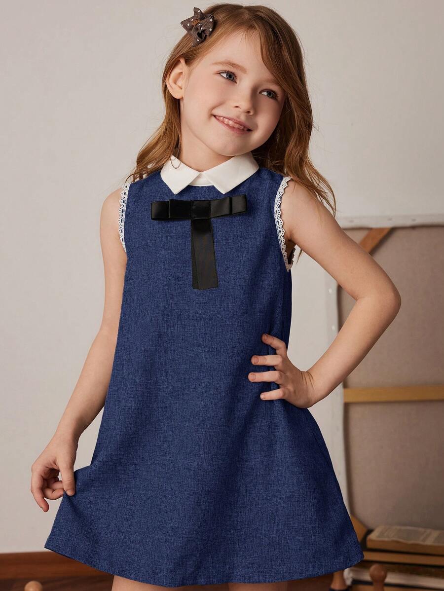 PrepCrw 年轻女孩有领无袖修身梭织连衣裙，黑色，春/夏 - 深色水洗藍 - 查看 1