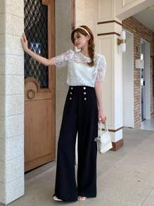 SHEIN Leap Crew TEENGIRL 2pcs Set: White Lace Puff Sleeve Elegant T-Shirt And Simple Button Decor Black Commuter Pants - Black and White - View 6
