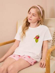 少女草莓印花短袖短裤家居服套装 - 彩色 - 查看 3