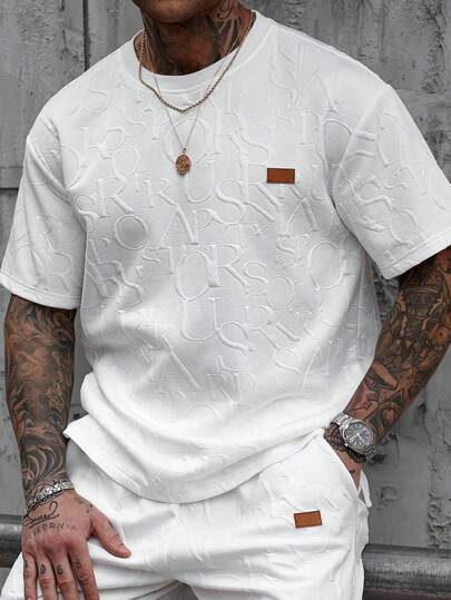 Manfinity CasualCool 男士休闲圆领 T 恤，简约时尚英文字母压花纹理面料