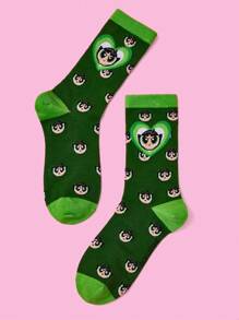THE POWERPUFF GIRLS X SHEIN 1 Pair Women Buttercup Pattern Green Crew Socks - Green - View 4