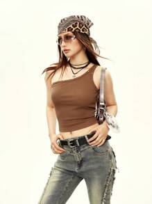 Rina Fox Women Solid Color Sleeveless Crop Top - Brown - View 6