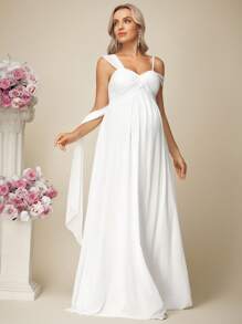 SHEIN Elegant Solid Color Asymmetrical Collar Super Long Maternity Dress, Wedding Dress - White - View 4