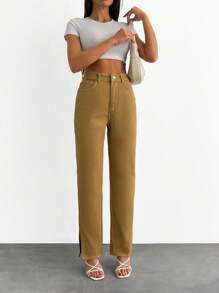 SHEIN Cottnline Women's Solid Color Front Button Pocket Simple Style Casual Denim Pants, Daily Wear - Brown - View 5