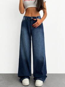 EURMUSE WOMEN WIDE LEG LOW WAIST JEANS - Dark Wash - View 5
