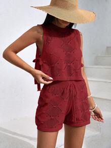 EURMUSE Damen Shorts & Top Überwurf Set, Cut Out - Rot - Übersicht 4