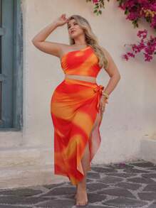 Swim Oasis 大码女式高级 Oasis 三件套 - 黄色渐变印花单肩褶皱高腰裤，搭配渐变印花网眼裙，夏季海滩度假 - 黃色 - 查看 5