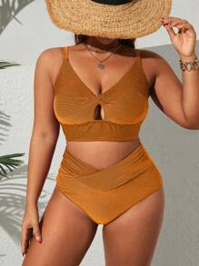 Swim Lushoire 2 件大码女式纯色可调节细肩带 V 领扭纹肩带上衣和不对称下装性感泳衣套装