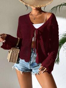 Breezaya Áo len cardigan dài tay đơn sắc khoét lỗ phía trước cho nữ - Màu Đỏ Sâu - Xem 6