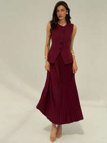 Aloruh Women's Solid Color Vest + Pleated A-Line Skirt Suit,Business Casual Woman In Fall/Winter - Red - View 3