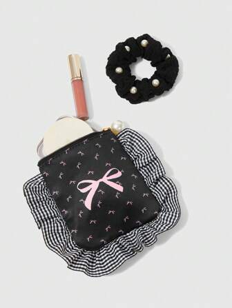 Kawaii Set da 2 pezzi Borsa di stoccaggio portatile e borsa trucchi di grande capacità, con fiocco a scacchi di pizzo e stampa, con elastico per capelli