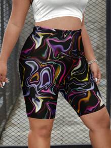 SHEIN EZwear Plus Size Laser Wavy All-Over Print Leggings, Suitable For Spring/Summer Suitable For Going Out - Multicolor - View 5