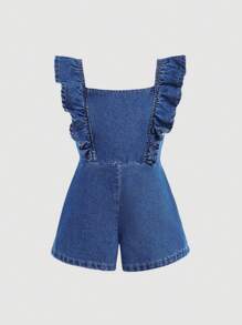 SHEIN 年轻女孩 2025 新款可爱蓝色牛仔背带短裤，儿童女孩春夏休闲度假 - 中等水洗藍 - 查看 2